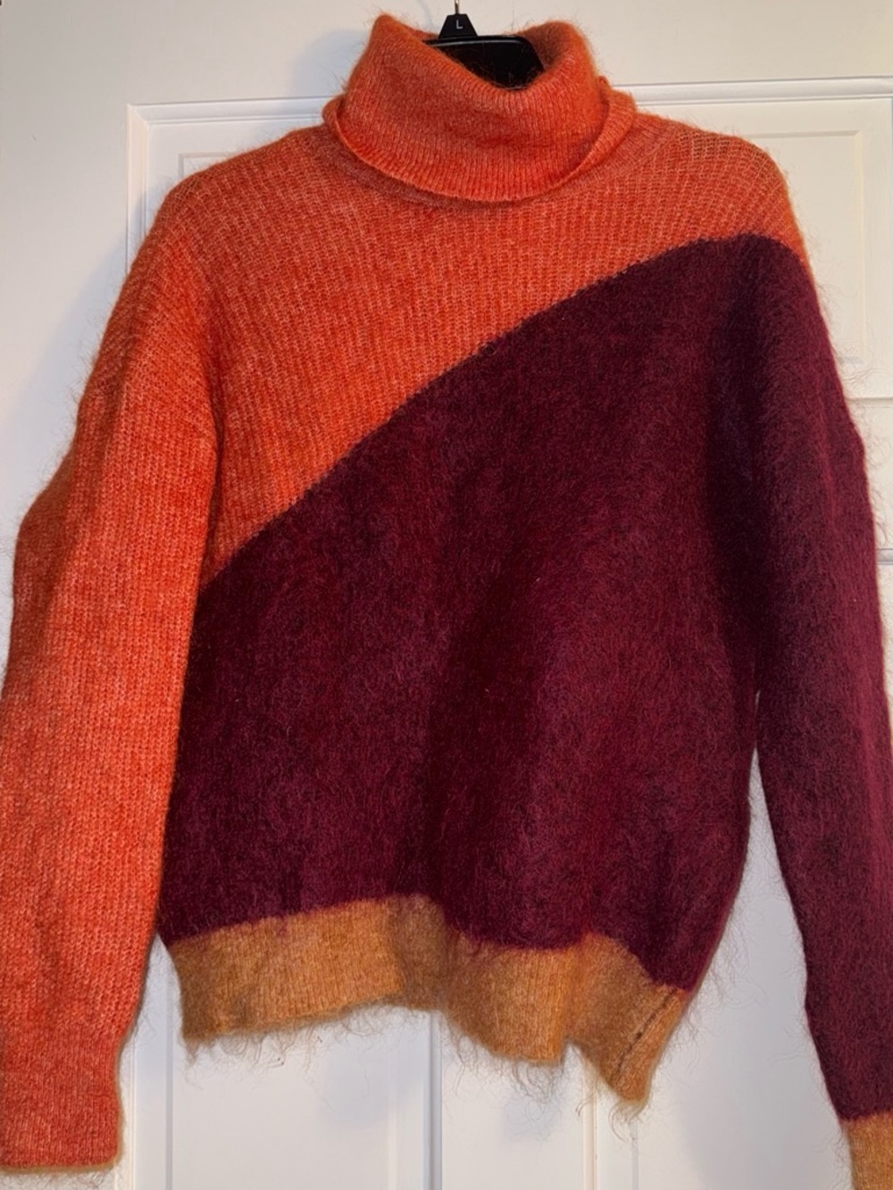 Zara Orange and Burgundy Colorblock Turtleneck Sweater